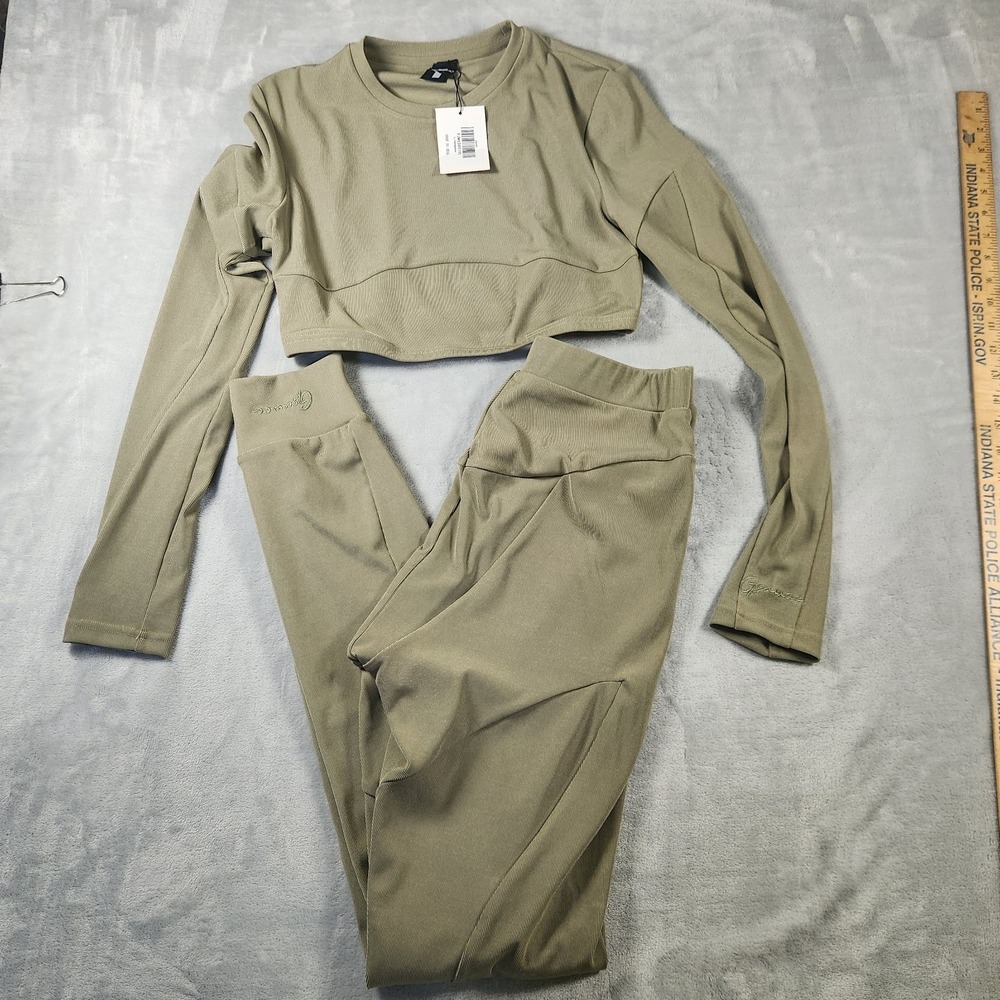 So Real GSUWOO GFS Green Long‎ Sleeve Ribbed Crop Top Pants Set size Large
